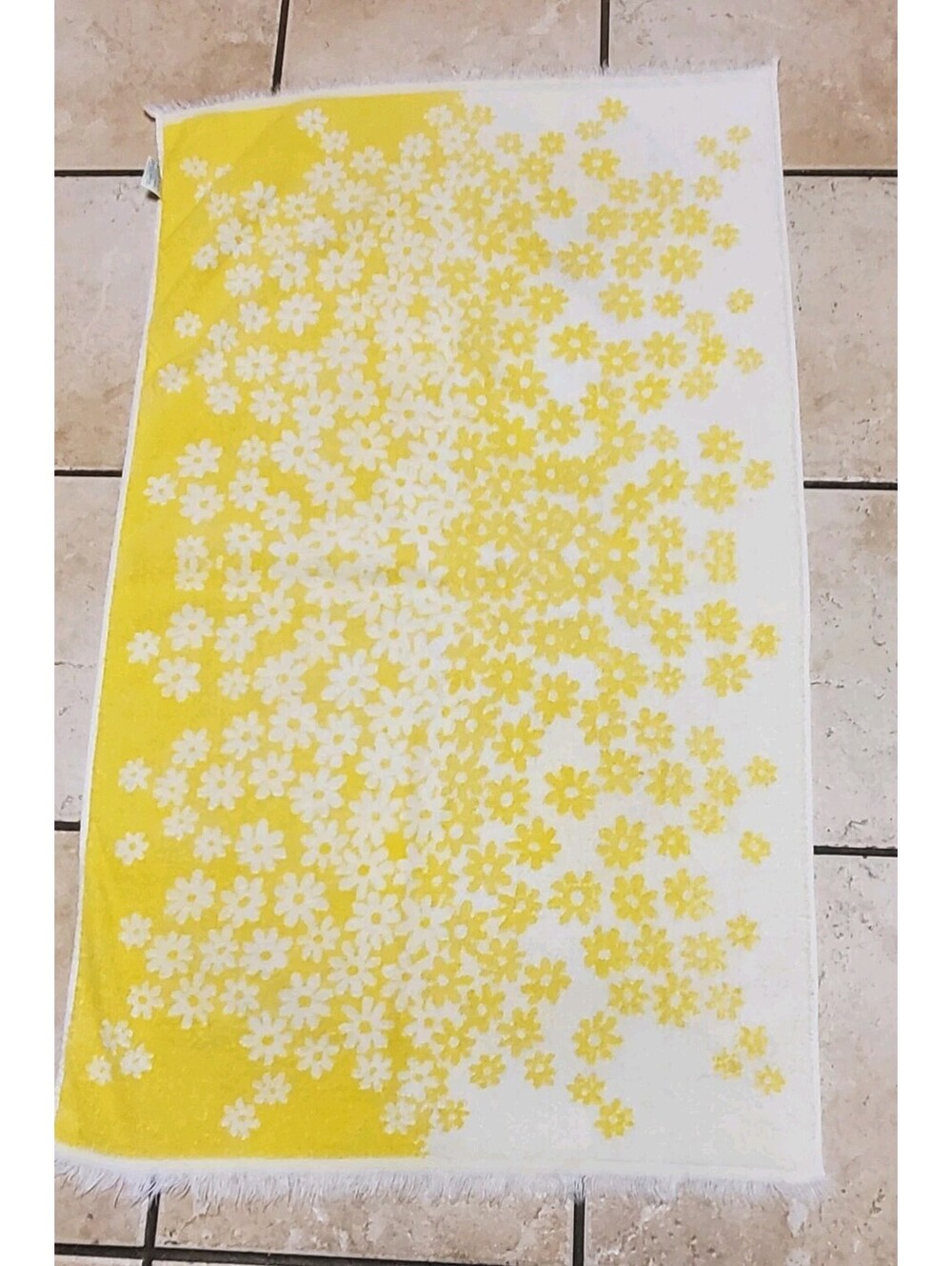 Vintage St. Marys Floral Hand Towel Yellow White Daisy Fringe Mid Century Mod